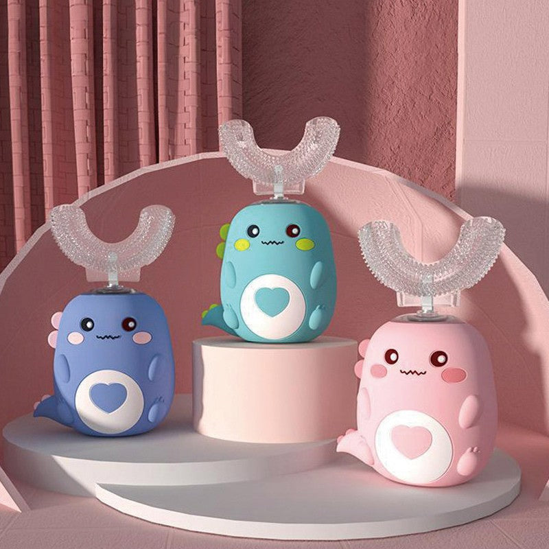 Three cartoon-style dental devices on a pink stand with a pink curtain background