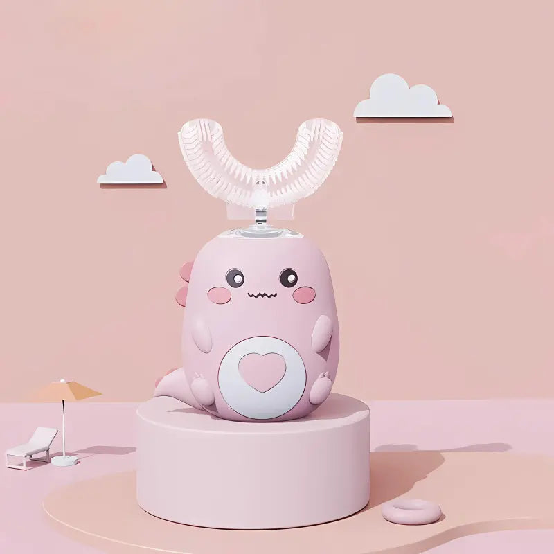 Cute Pink dinosaur-shaped kids electric U-shaped toothbrush on a light pink background with small clouds and a beach umbrella.